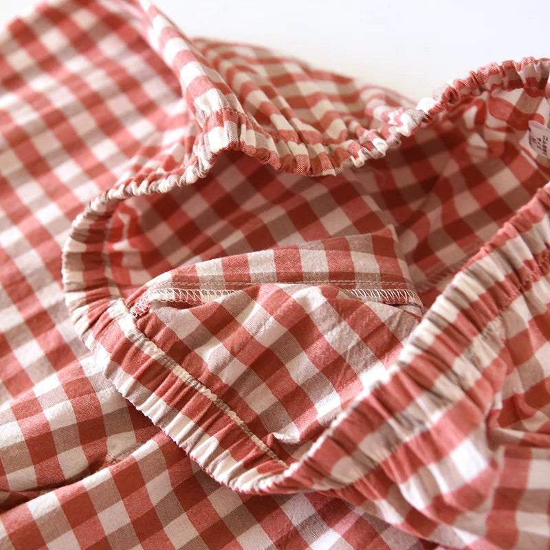 2025 New Japanese Spring and Autumn Couple Pajama Set 100% Cotton Men's and Women's Plaid Long Sleeve Two Piece Home Furnishing