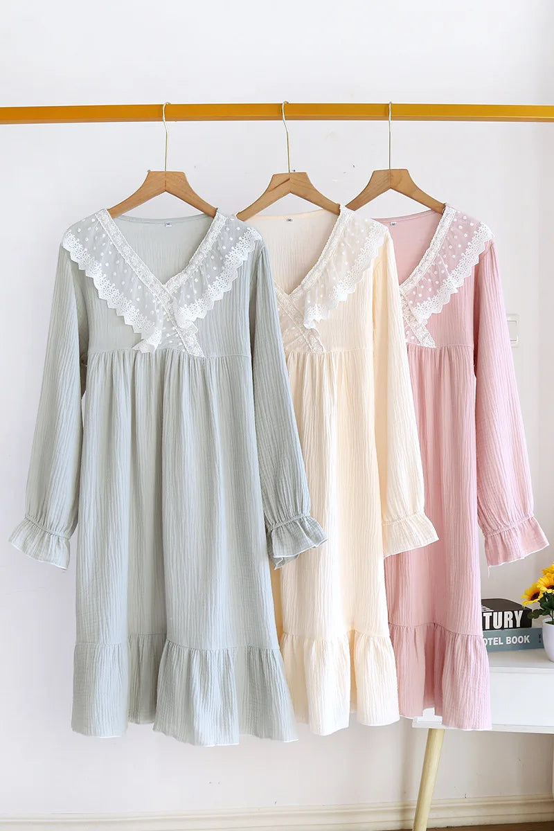 Japanese new spring and summer ladies nightdress 100% cotton crepe long skirt sweet princess long sleeve skirt plus size women
