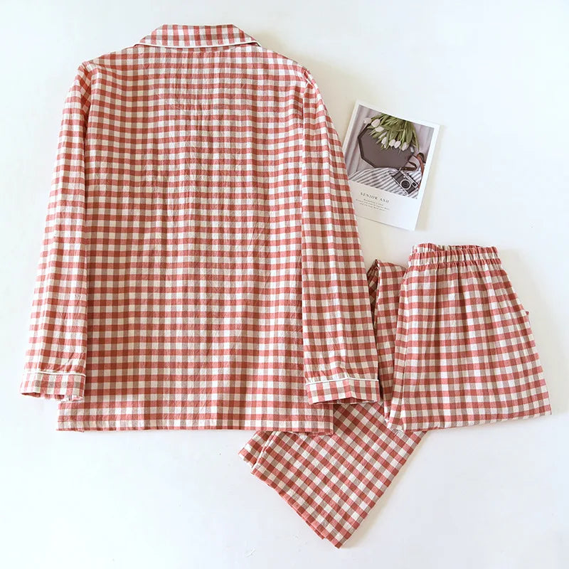 2025 New Japanese Spring and Autumn Couple Pajama Set 100% Cotton Men's and Women's Plaid Long Sleeve Two Piece Home Furnishing