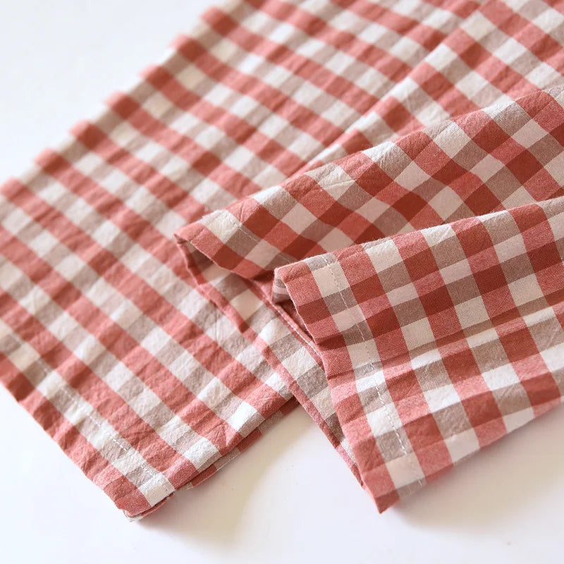 2025 New Japanese Spring and Autumn Couple Pajama Set 100% Cotton Men's and Women's Plaid Long Sleeve Two Piece Home Furnishing
