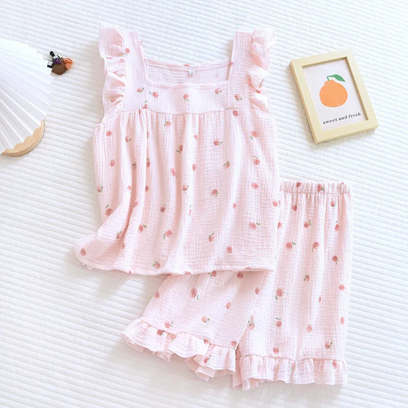 Pure desire for ins in summer, flounce shorts, cotton suspenders, pajamas, women's summer home clothes, two-piece suit, summer