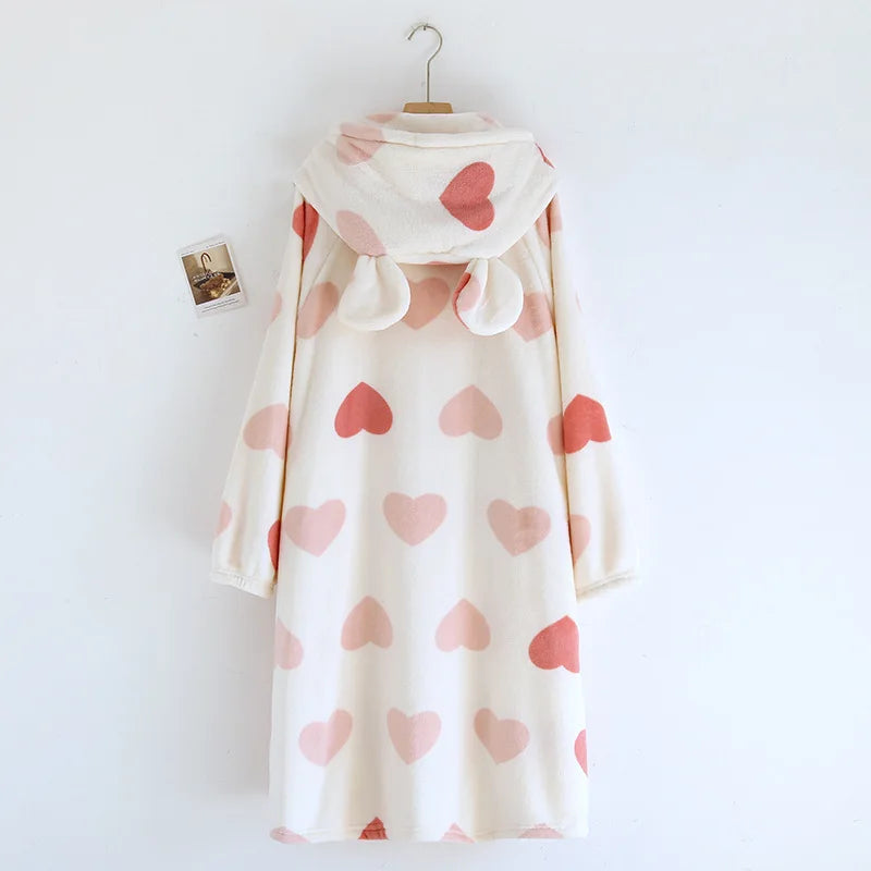 2025 Winter New Flannel Sleeping Robe Women's Bathrobe Long Thickened Velvet Cute Sweet Hooded Home Robe Sleepwear Ladies