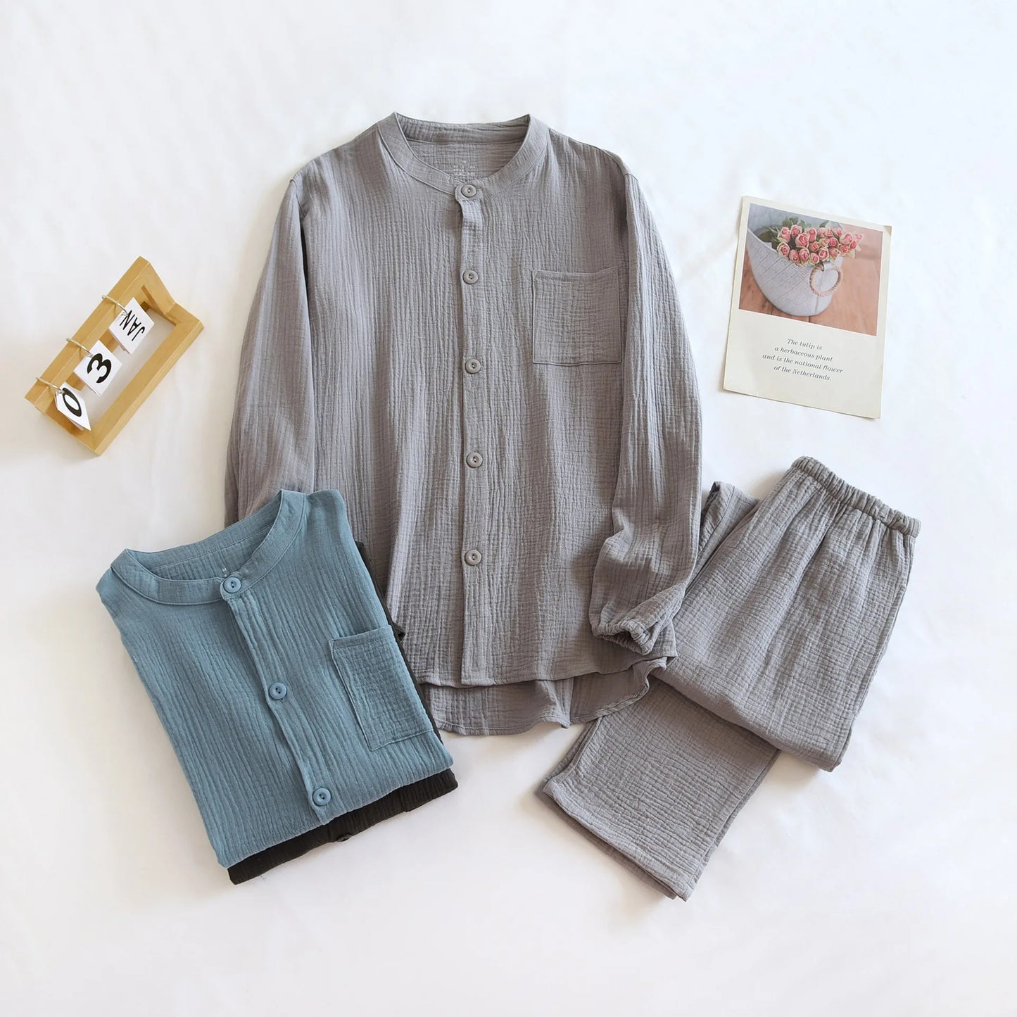 2025 New Spring and Autumn Couple Pajama Set 100%Cotton Crepe Fabric Men's and Women's Long Sleeve Pants Home Suit Two Piece Set