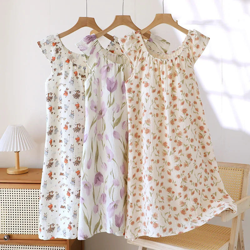 2025 New Summer Women's Sleeping Skirt 100% Cotton Crepe Cloth with Chest Cushion Tank Top Skirt Loose Thin Large Home Clothing