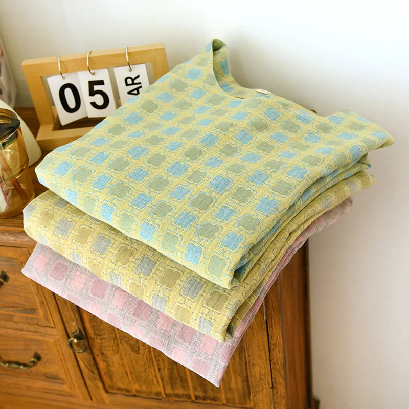 2025 New Summer Short Sleeve Sleeping Skirt 100% Cotton Yarn Weaving Jacquard Loose Pullover Mid length Plaid Skirt Home Dress
