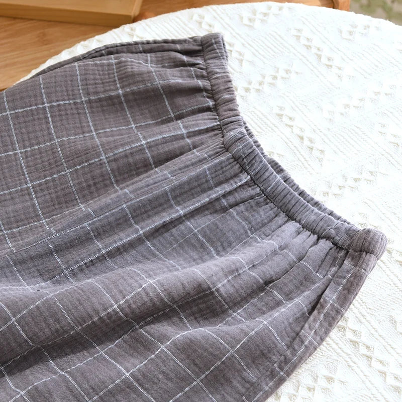 2025 Spring and Autumn New Men's Pajama Set 100%Cotton Crepe Plaid Long sleeved Pants Two Piece Set Cardigan Large Size Homewear
