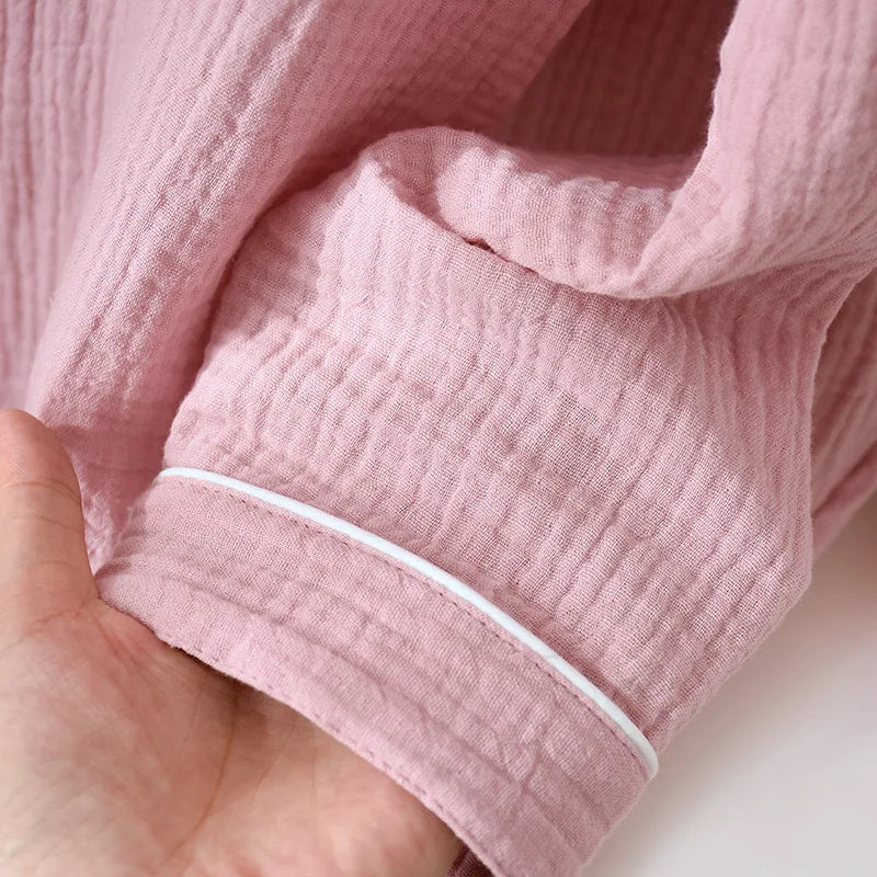 New Spring and Autumn Couple Pajamas Set 100%Cotton Crepe Long Sleeve Pants Two Piece Men's and Women's Large Size Home Garments