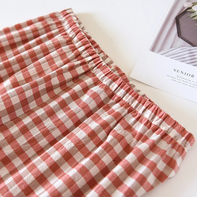 2025 New Japanese Spring and Autumn Couple Pajama Set 100% Cotton Men's and Women's Plaid Long Sleeve Two Piece Home Furnishing