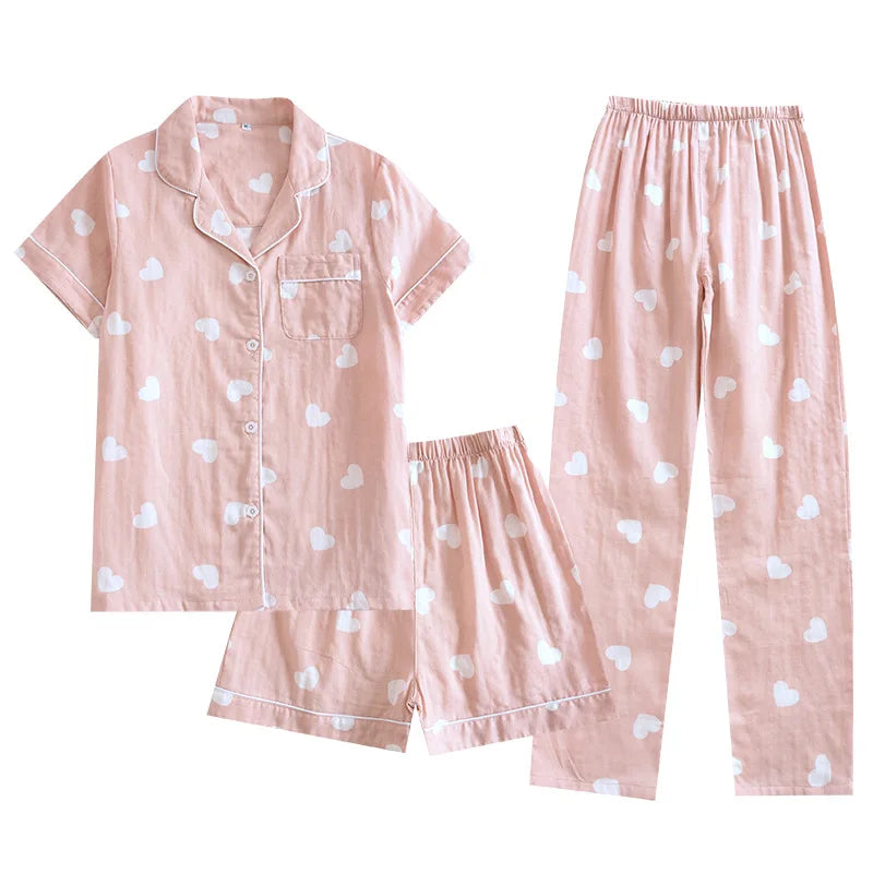 New spring and summer women's pajamas three-piece set short sleeves + shorts + trousers 100%cotton gauze love print homewear set