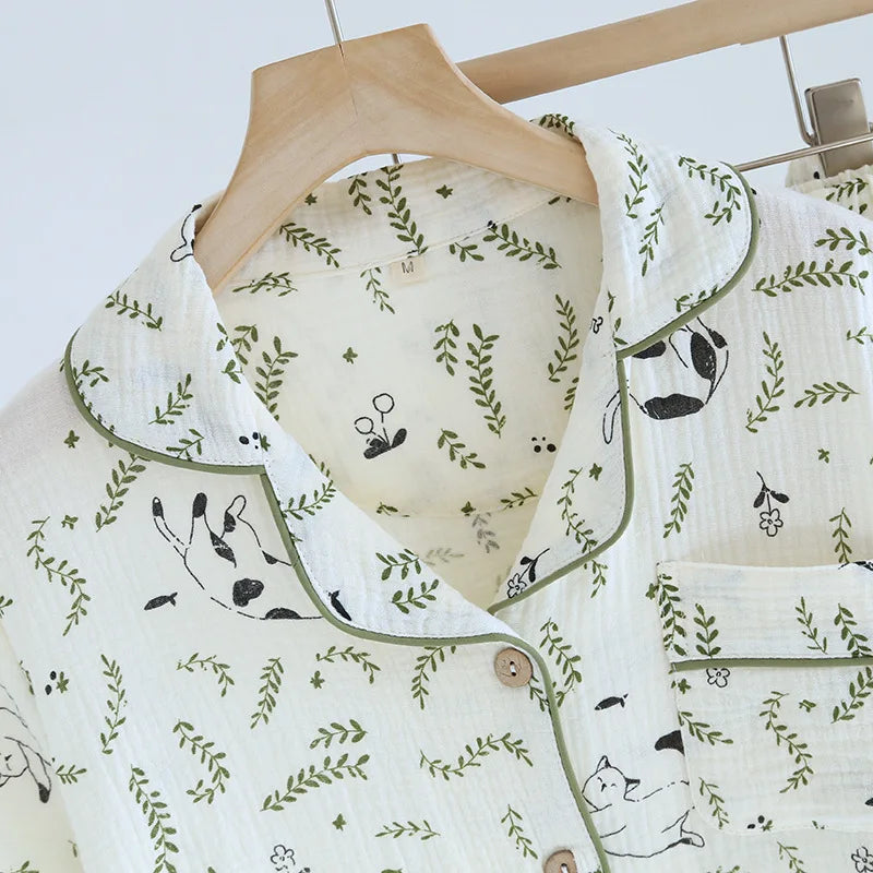 2025 Spring/Summer New Women's Pajamas Three Piece Set 100% Pure Cotton Crepe Thin Short Sleeves+Shorts+Long Pants Home Fury