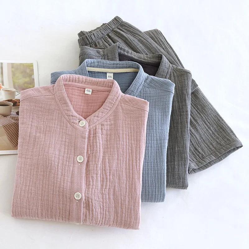 2025 Spring and Autumn New Couple Pajama Set 100% Pure Cotton Crepe Cloth Men's and Women's Stand up Neck Simple Home Clothing