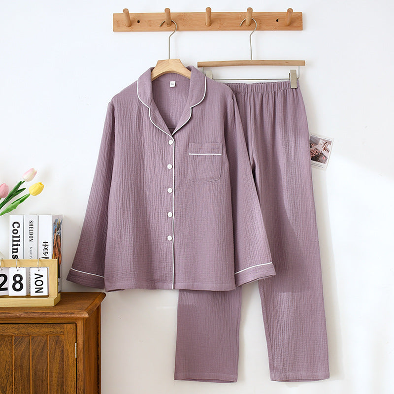 New Spring and Autumn Couple Pajamas Set 100%Cotton Crepe Long Sleeve Pants Two Piece Men's and Women's Large Size Home Garments