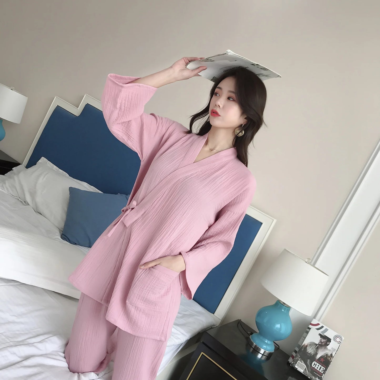 Japanese kimono suit lovers 100% cotton crepe pajamas long sleeved trousers two-piece kimono suit for men and women sleepwear