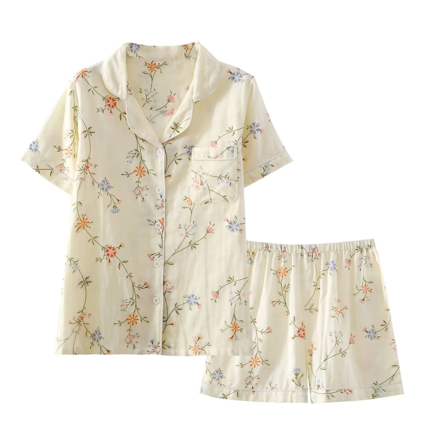 New summer women's pajamas short-sleeved shorts suit cotton double-layer gauze print fresh home clothes two-piece set ladies