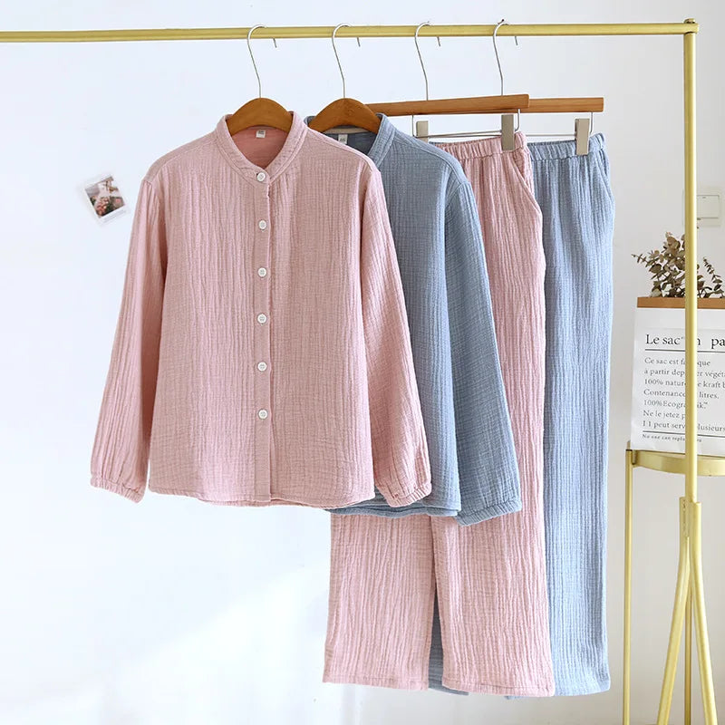 2025 Spring and Autumn New Couple Pajama Set 100% Pure Cotton Crepe Cloth Men's and Women's Stand up Neck Simple Home Clothing