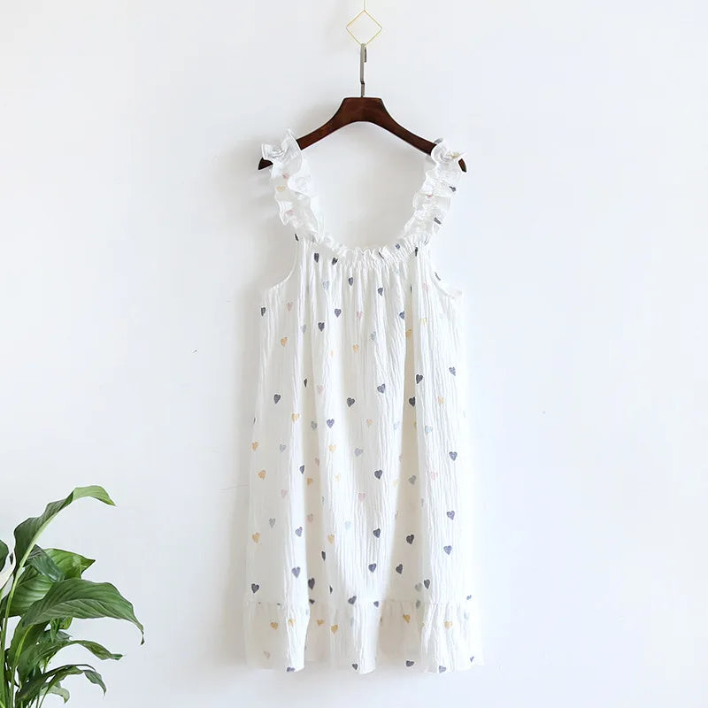2025 Summer New Style Nightdress Ladies 100% Cotton Crepe Thin Vest Suspender Skirt Loose Long Skirt Sweet And Cute Home Skirt