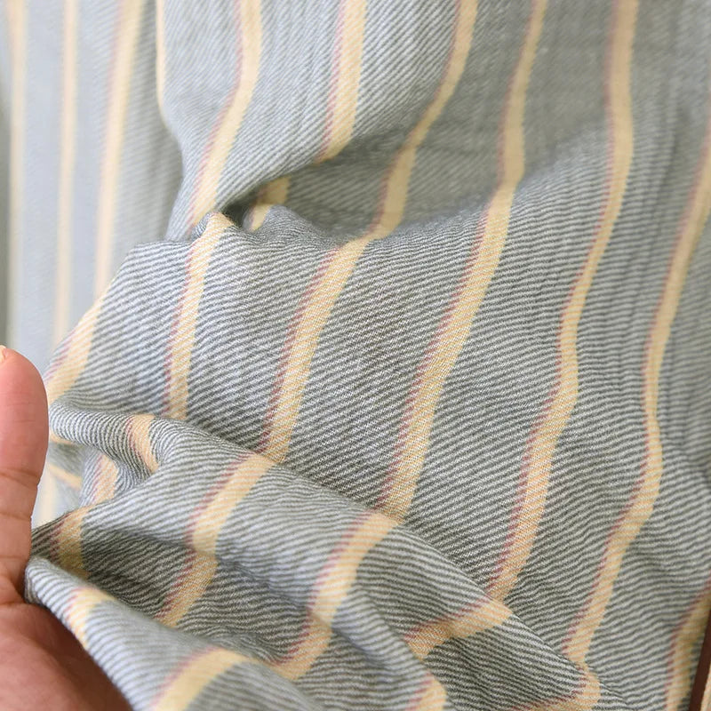 New men's sleepwear two-piece set for spring 2025 100% cotton crepe fabric vertical stripe long sleeved long pants home suit set