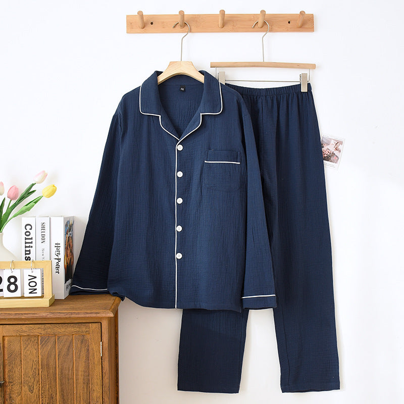 New Spring and Autumn Couple Pajamas Set 100%Cotton Crepe Long Sleeve Pants Two Piece Men's and Women's Large Size Home Garments