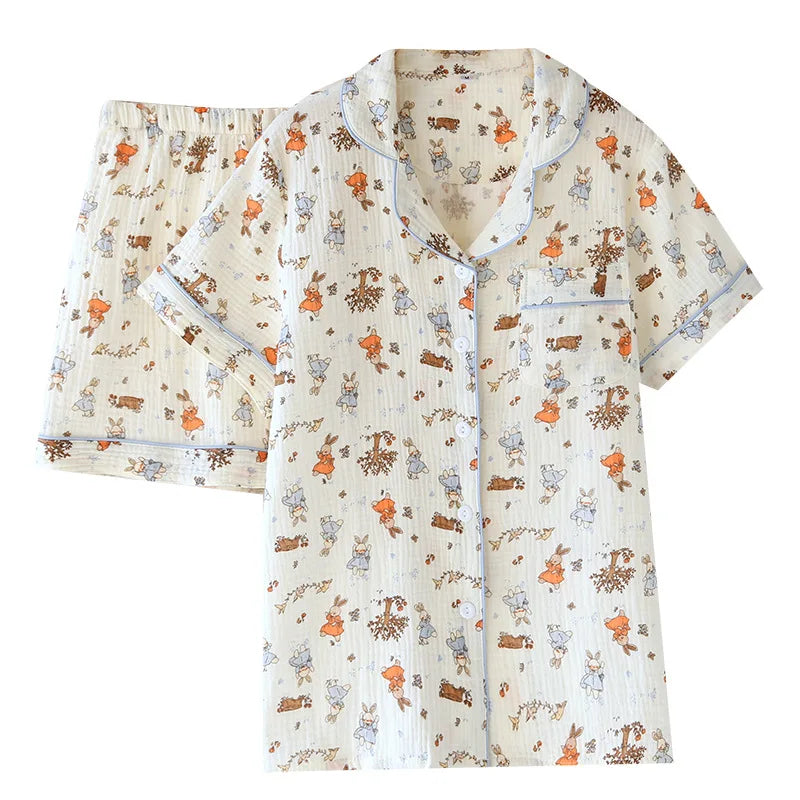 2025 New Summer Women's Pajama Set 100% Cotton Crepe Large Short Sleeve Shorts Two Piece Home Clothes Sleepwear Ladies