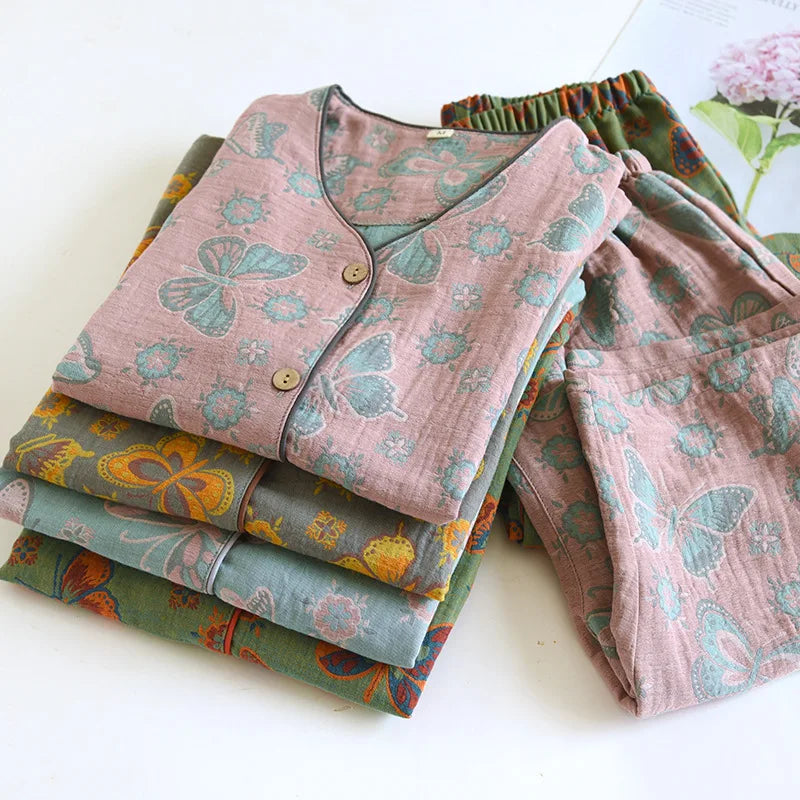 2025 Spring/Summer New Women's Pajama Set 100% Cotton Jacquard Short Sleeves+Capris Two Piece V-Neck Thin Homewear Ladies