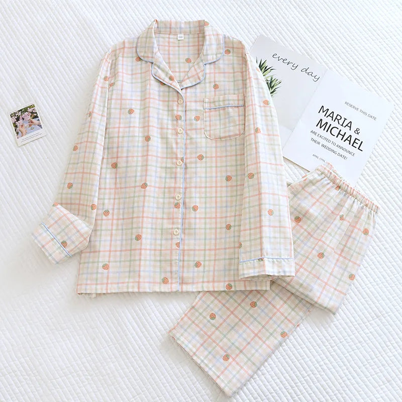 2025 Japanese New Women's Pajama Set 100% Cotton Gauze Long Sleeve Long Pants Two Piece Set Fresh and Sweet Thin Home Clothing