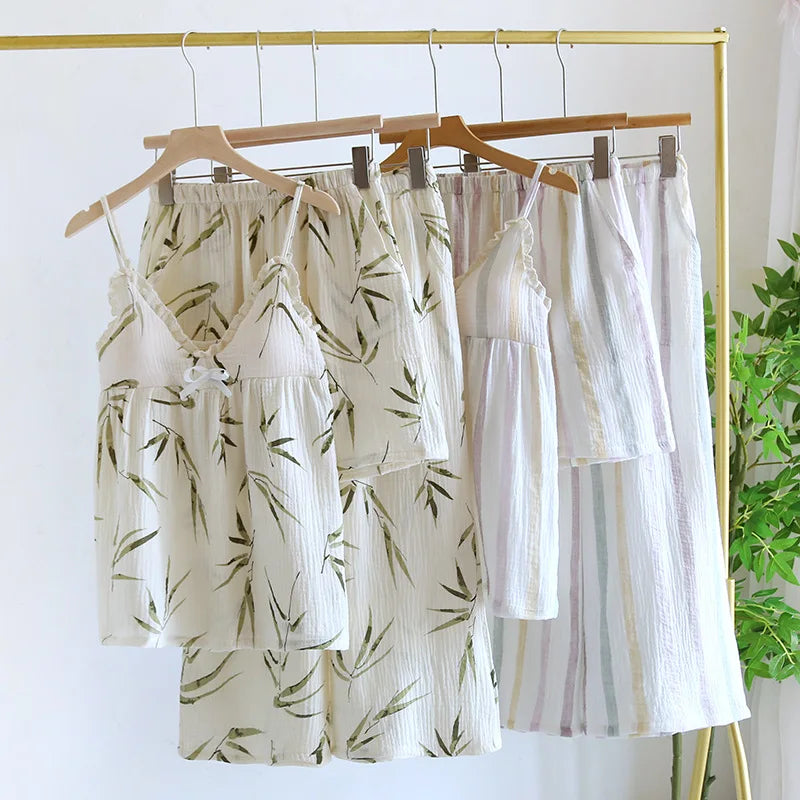 2025 Summer New Women's Pajama Set 100% Pure Cotton Crepe Sling+Shorts+Crop Pants Three piece Set with Chest Cushion Home Fury