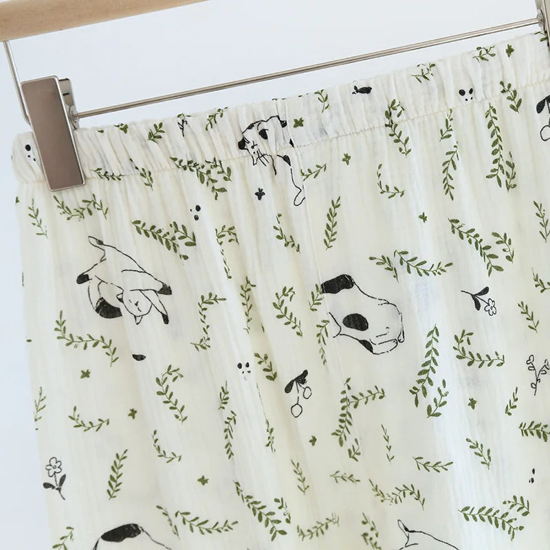 2025 Spring/Summer New Women's Pajamas Three Piece Set 100% Pure Cotton Crepe Thin Short Sleeves+Shorts+Long Pants Home Fury