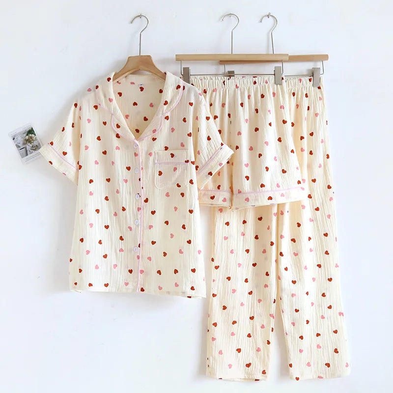 2025 New Summer Pajama Set 100% Cotton Crepe Love Short Sleeves+Shorts+Pants Three Piece Buckle Cute Home Fury Ladies Sleepwear