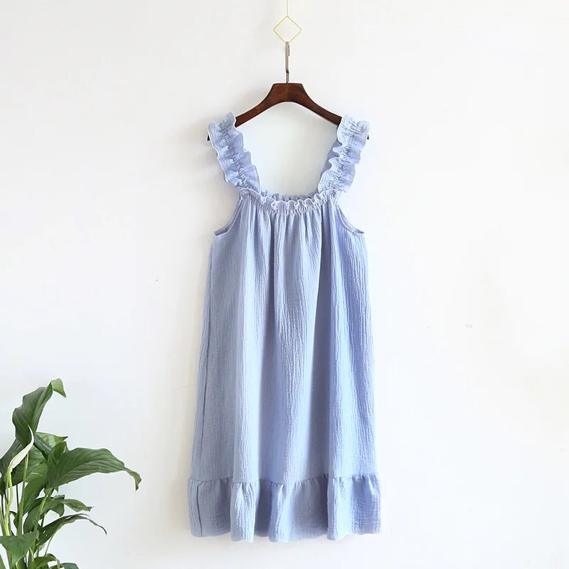 2025 Summer New Style Nightdress Ladies 100% Cotton Crepe Thin Vest Suspender Skirt Loose Long Skirt Sweet And Cute Home Skirt