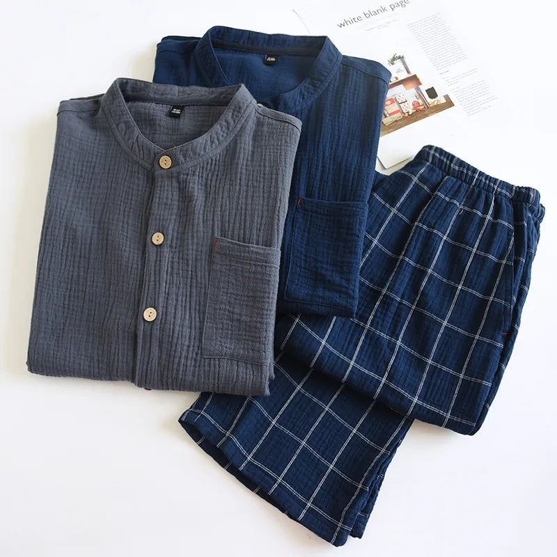 2025 Japanese style new couple sleepwear set 100% cotton crepe fabric long sleeved long pants two-piece home wear pajama