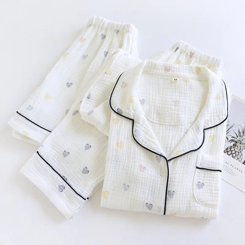 2025 New Summer Women's Pajama Set 100% Cotton Crepe Short Sleeves+Shorts+Pants Three Piece Casual Ladies Homewear Sleepwear