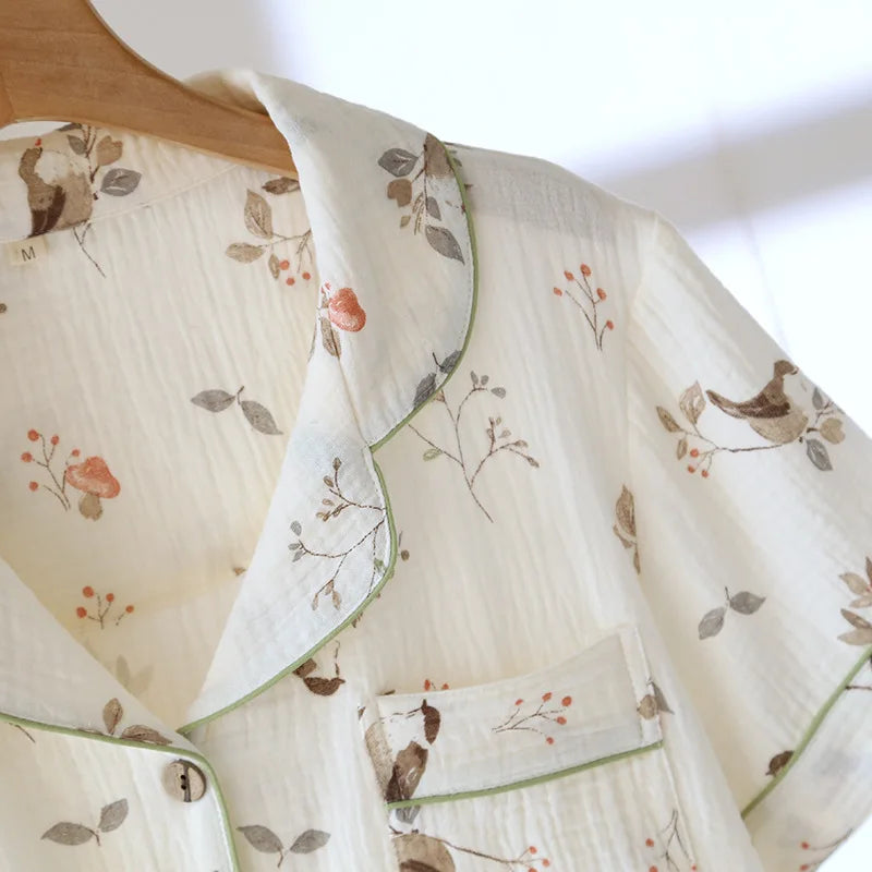 2025 New Spring/Summer Women's Pajama Set 100% Cotton Crepe Cute Thin Short Sleeve+Shorts+Pants Home Clothes 3-Piece Set