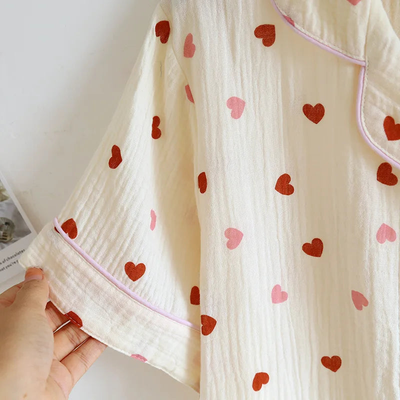 2025 New Summer Pajama Set 100% Cotton Crepe Love Short Sleeves+Shorts+Pants Three Piece Buckle Cute Home Fury Ladies Sleepwear
