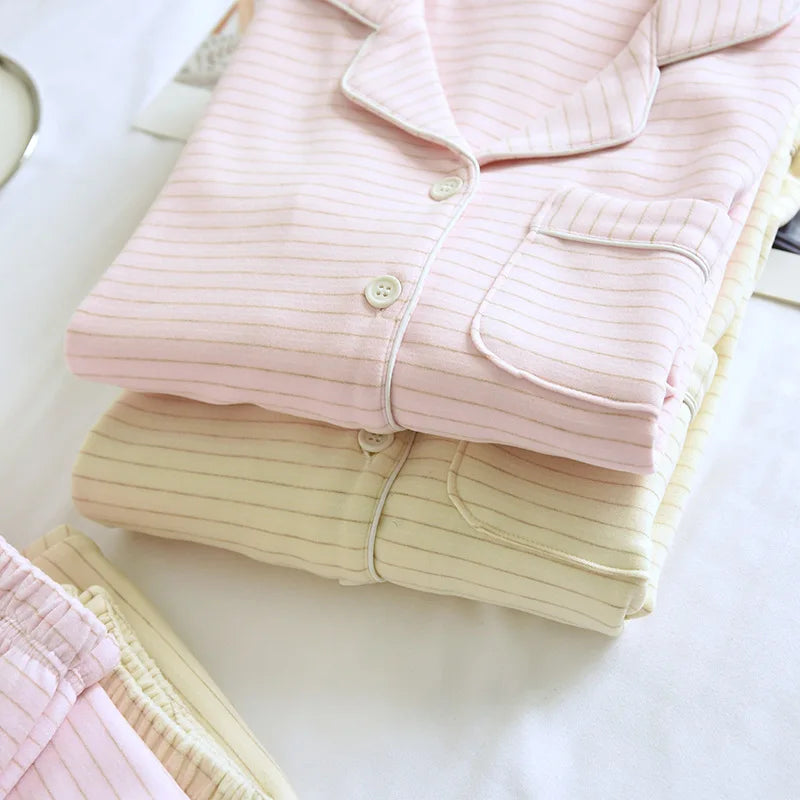 2025 Autumn/Winter New Women's Pajama Set Long Sleeve Long Pants Two Piece Set Striped German Velvet Warm Thick Home Clothes