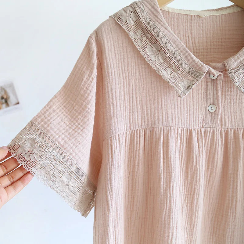 2025 New Japanese Women's Summer Pajama Set 100% Cotton Crepe Short Sleeve Shorts Two Piece Lace Neck Breathable Home Suit Set