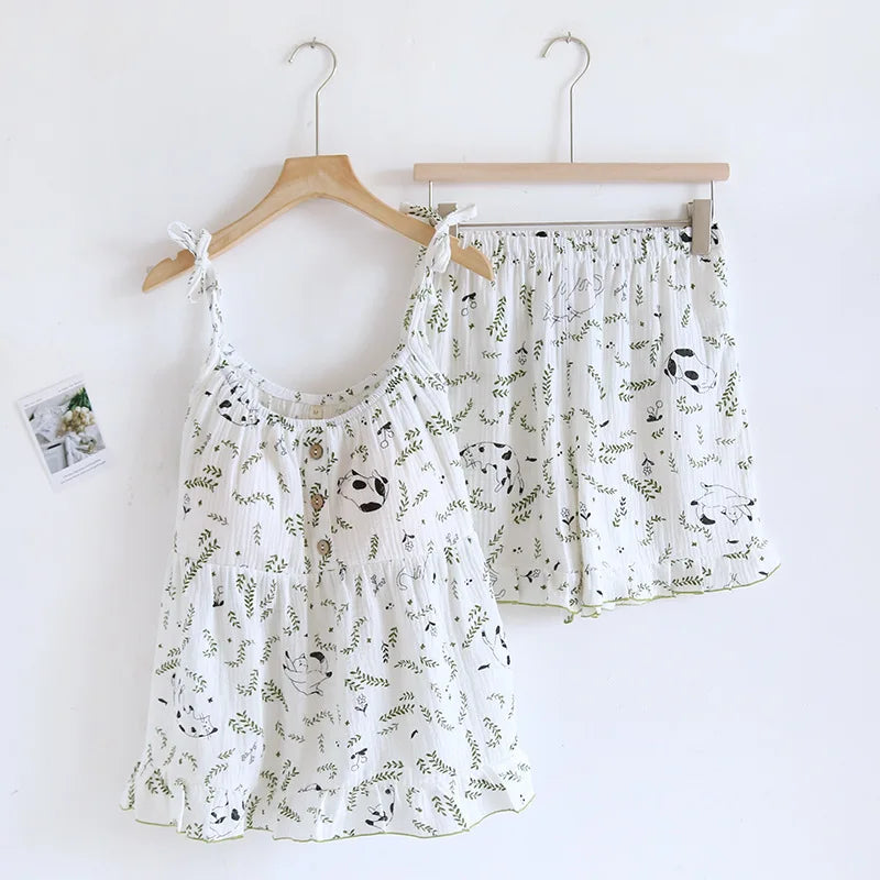 2025 New Summer Women's Pajamas Two Piece Set 100% Cotton Crepe Cloth with Chest Cushion Suspender+Shorts Set Cute Home Fury