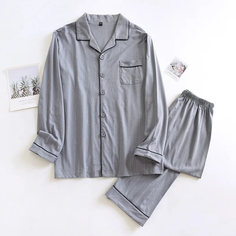 Spring and autumn new men's pajamas long-sleeved trousers suit 100% cotton knitted striped plus size home clothes two-piece set