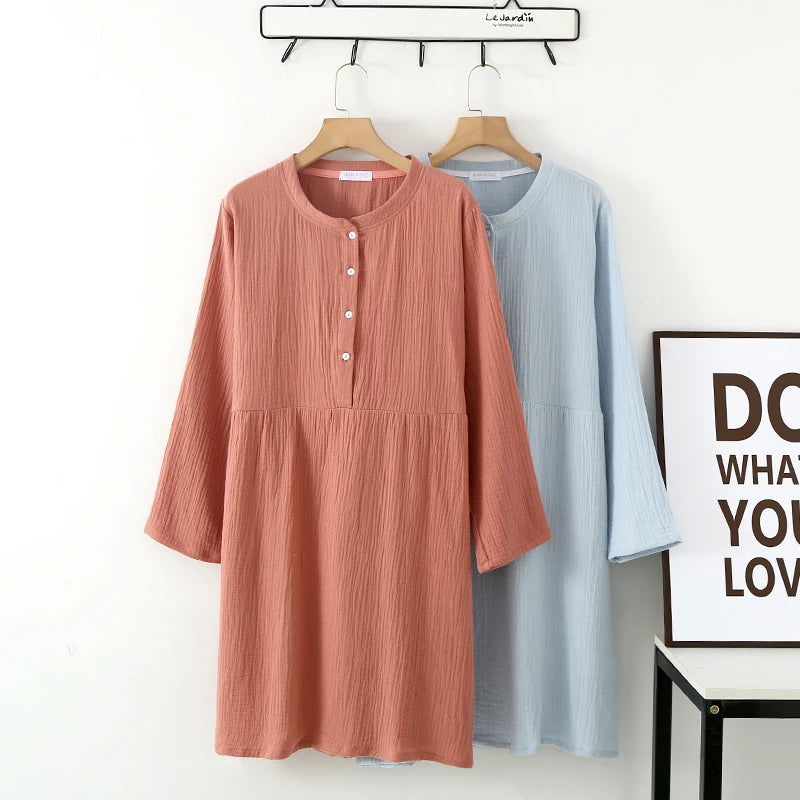 Spring and Autumn Women's Long Sleeve Nightdress 100%Cotton Crepe Round Neck Button Solid Color Dress Home Dress Nightgown Dress