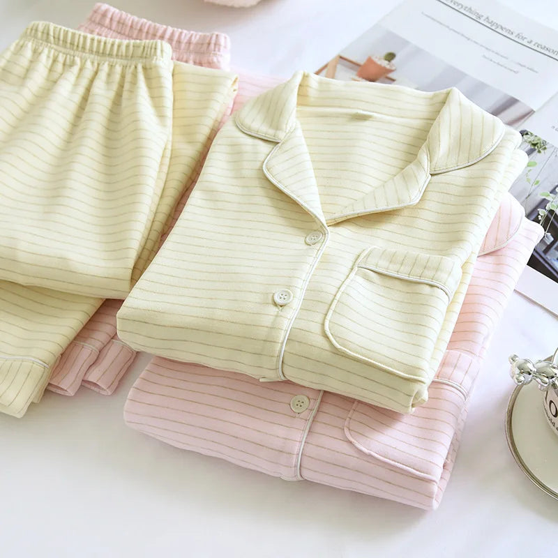 2025 Autumn/Winter New Women's Pajama Set Long Sleeve Long Pants Two Piece Set Striped German Velvet Warm Thick Home Clothes