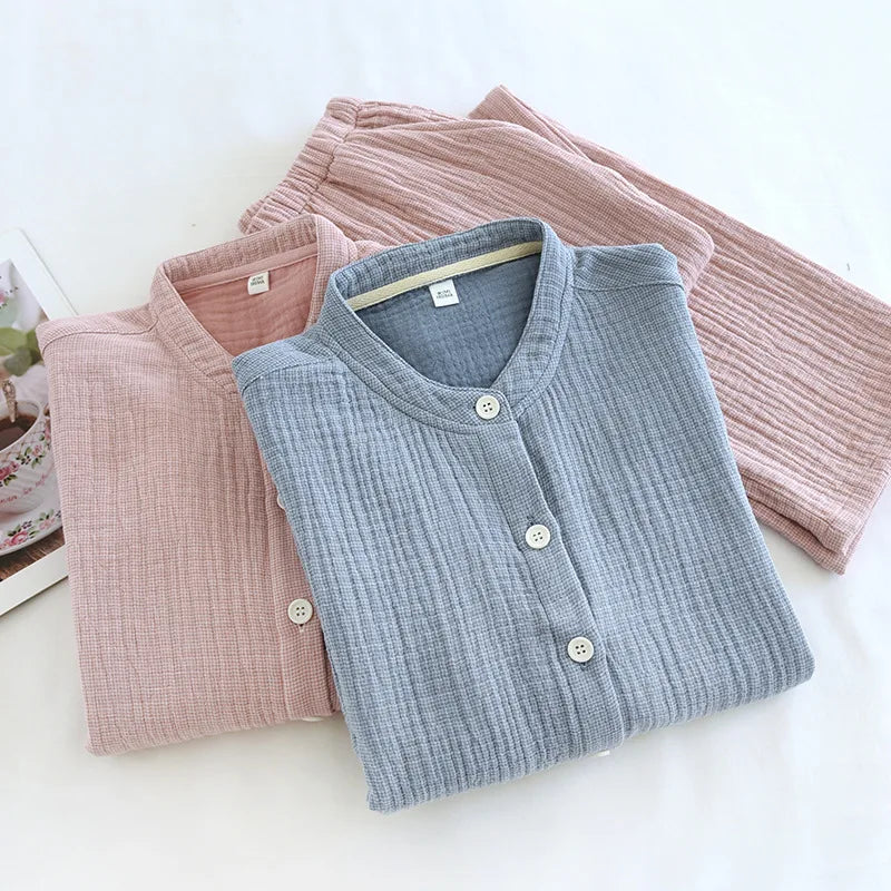 2025 Spring and Autumn New Couple Pajama Set 100% Pure Cotton Crepe Cloth Men's and Women's Stand up Neck Simple Home Clothing
