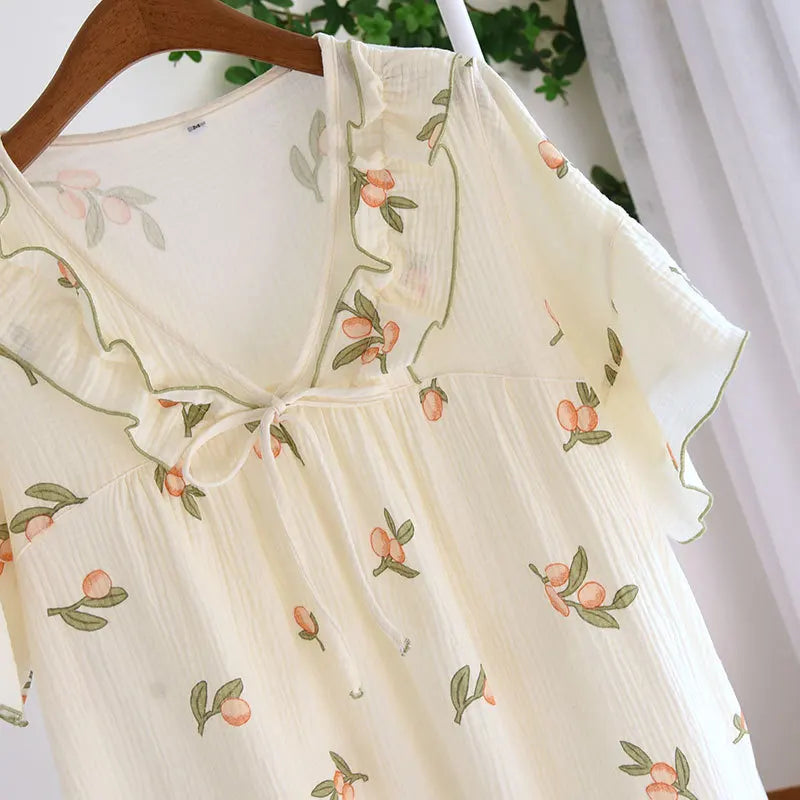 2025 Summer New Women's Pajama Dress 100% Cotton Crepe Ladies Short Sleeve Skirt Thin Flower Dress Homewear Pajama Dress
