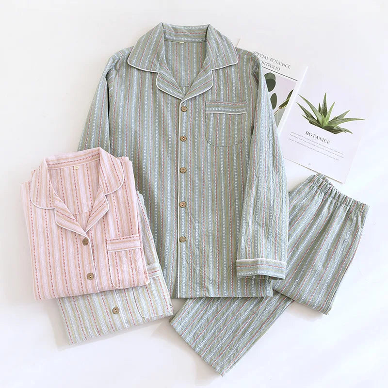 2025 New Spring/Summer Couple Set 100% Cotton Striped Long Sleeve Two Piece Set Men's and Women's Cardigan Home Clothes