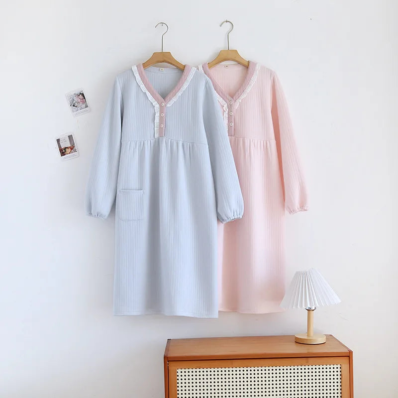 Autumn and Winter New Women's Long Skirt Thickened Thermal Nightdress 100% Cotton Cotton Clip Long Sleeve Home Dress sleepwear