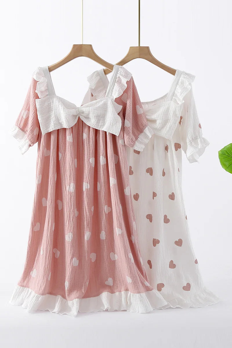 New Summer Long Dress Ladies Short Sleeve Nightdress 100% Cotton Crepe Loose Home Cute Bow Love Dress Home Skirt sleepwear women