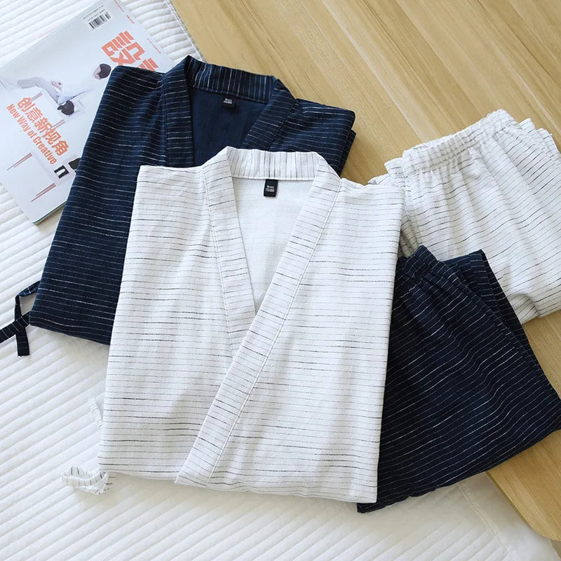 Japanese kimono two-piece men's spring and summer new 100% cotton bathrobe two-piece long pajamas home service set robe sets
