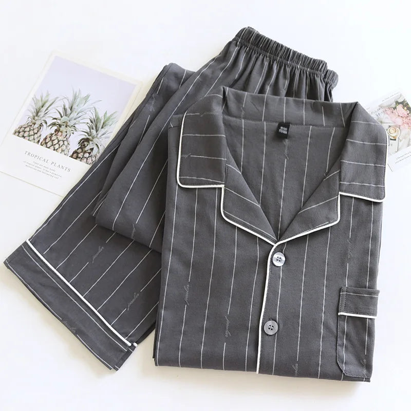Spring and autumn new men's pajamas long-sleeved trousers suit 100% cotton knitted striped plus size home clothes two-piece set