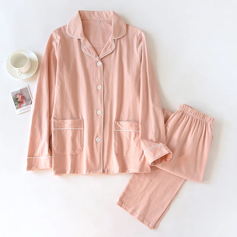 2025 Spring and Autumn New Couple Pajamas Two Piece Set 100%Cotton Knitted Men's and Women's Simple Long Sleeve Home Furnishings