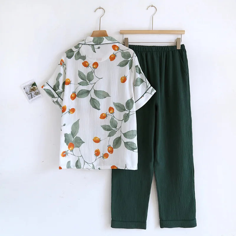 2025 Japanese Summer New Women's Pajama Set Short Sleeve+Long Pants Two piece Set 100%Cotton Thin Cardigan Home Furnishing Fresh