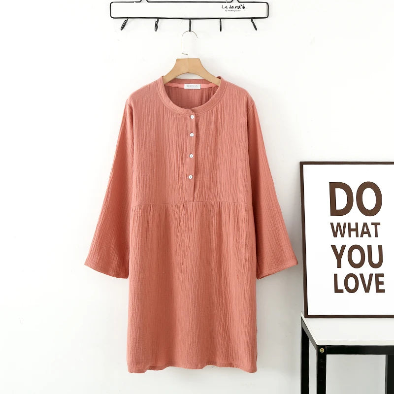 Spring and Autumn Women's Long Sleeve Nightdress 100%Cotton Crepe Round Neck Button Solid Color Dress Home Dress Nightgown Dress