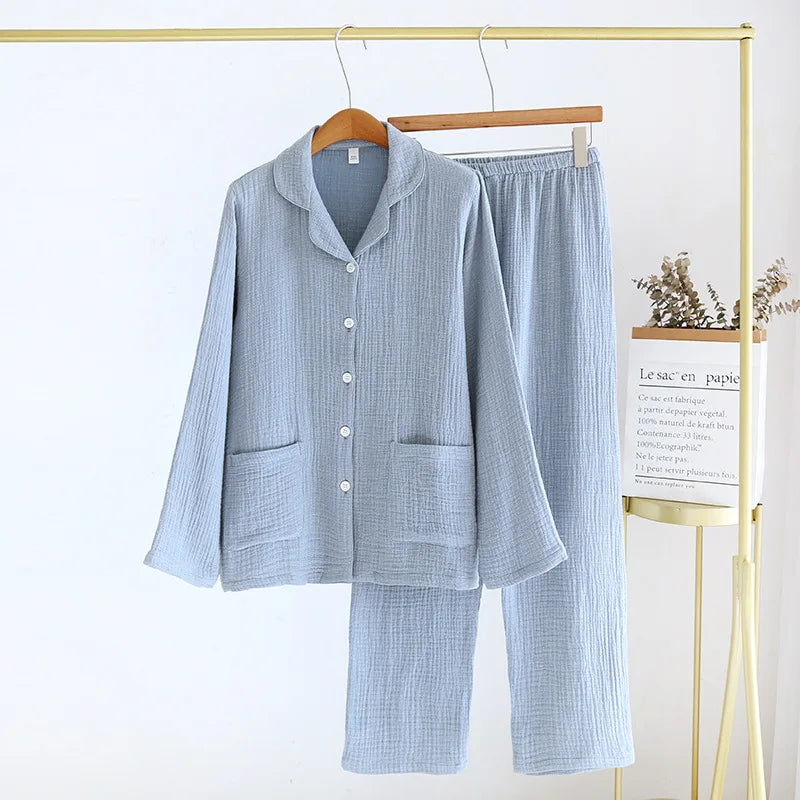 2025 New Couple's Pajama Set 100% Cotton Men's and Women's Collar Long Sleeve Long Pants Solid Color Two Piece Home Set Pijamas